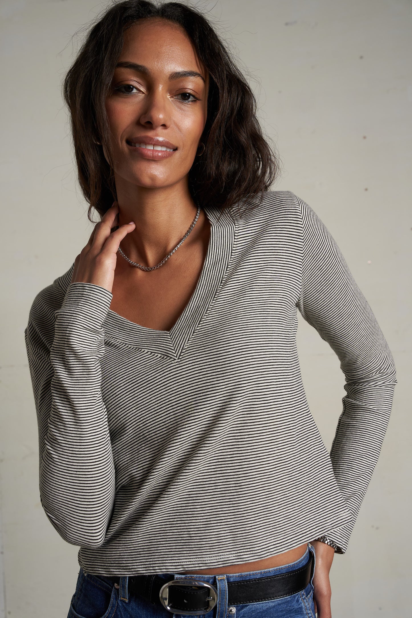 Fiona Stripe Jersey V-neck Long Sleeve