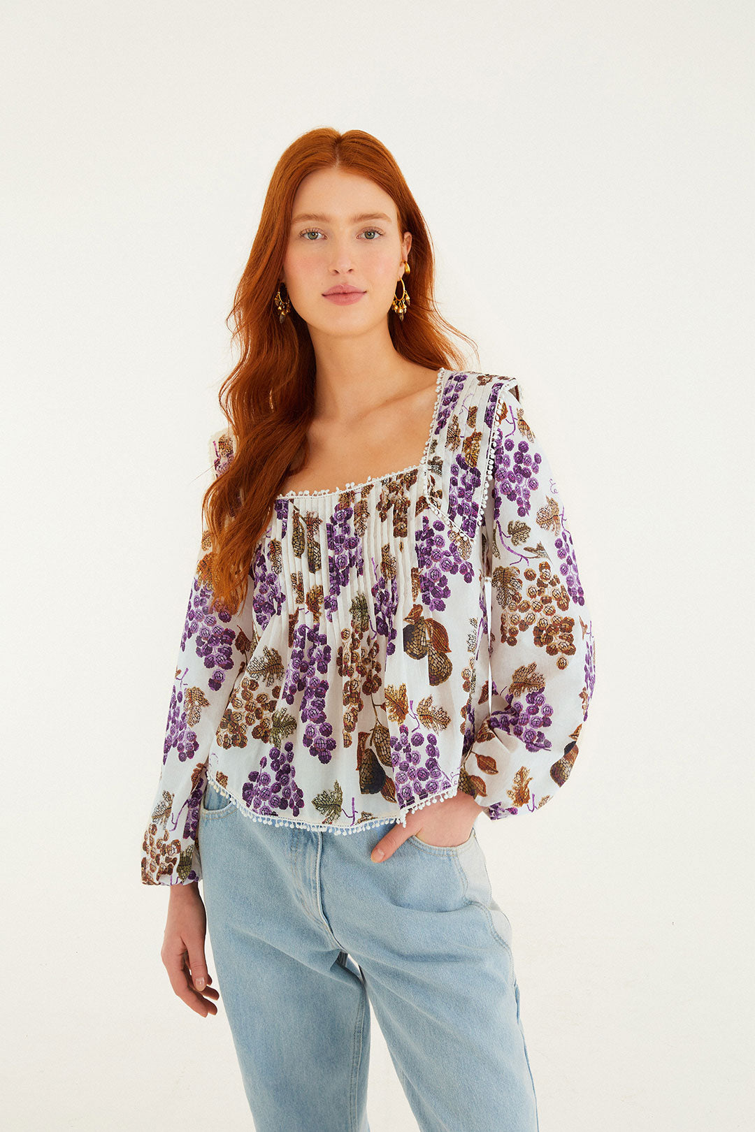 Grape Garden Cream Long Sleeve Blouse