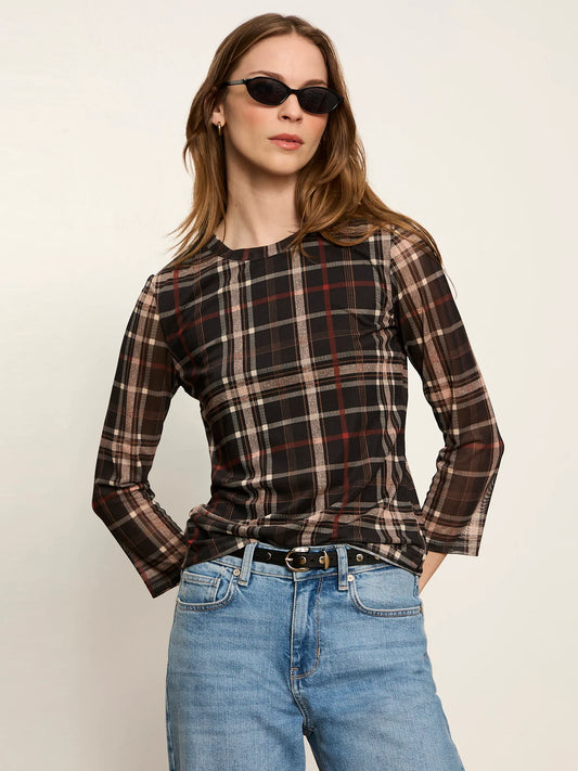 Mesh 3/4 Sleeve Top - Cinder Plaid