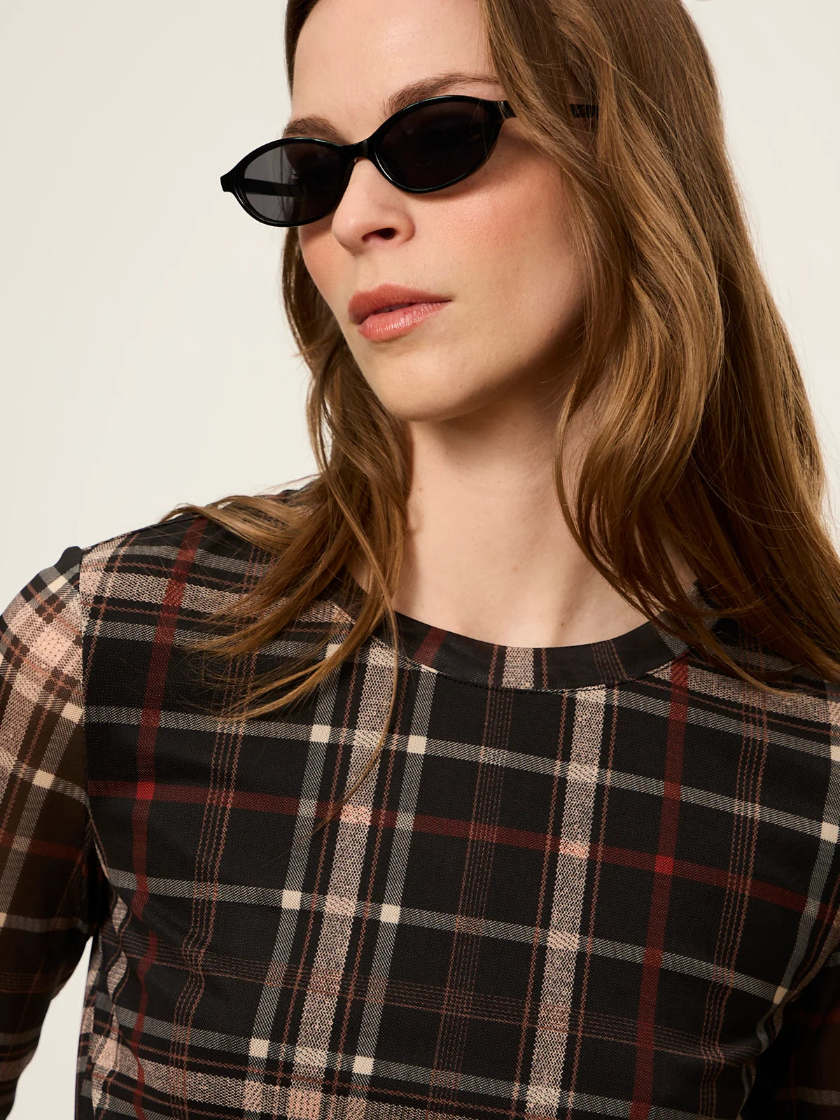 Mesh 3/4 Sleeve Top - Cinder Plaid