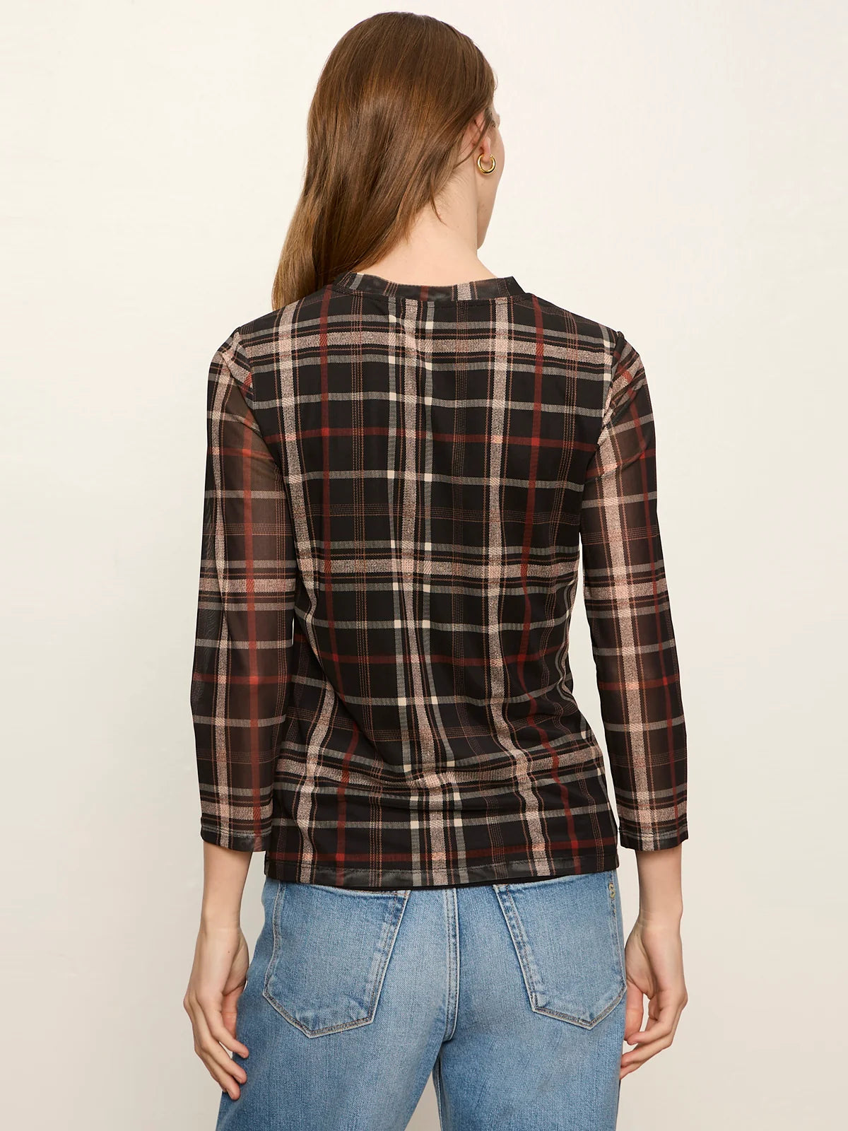 Mesh 3/4 Sleeve Top - Cinder Plaid