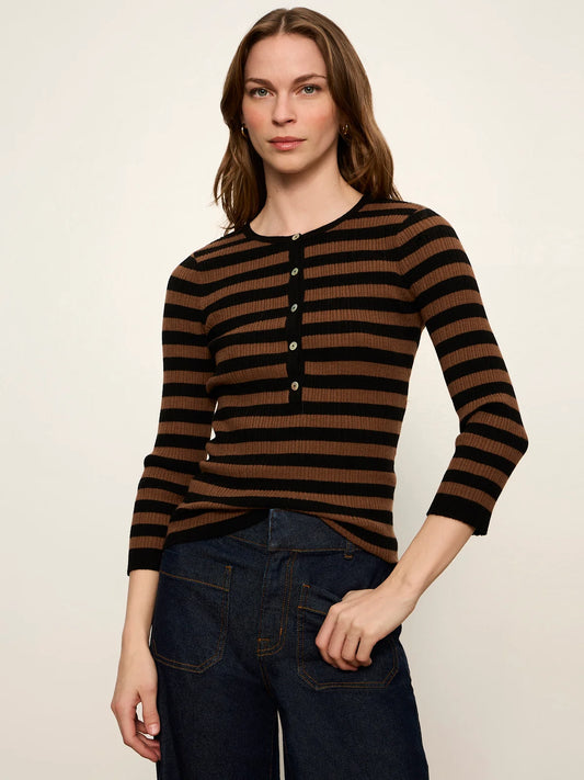 Selena Henley Top - Black/Cocoa Stripe
