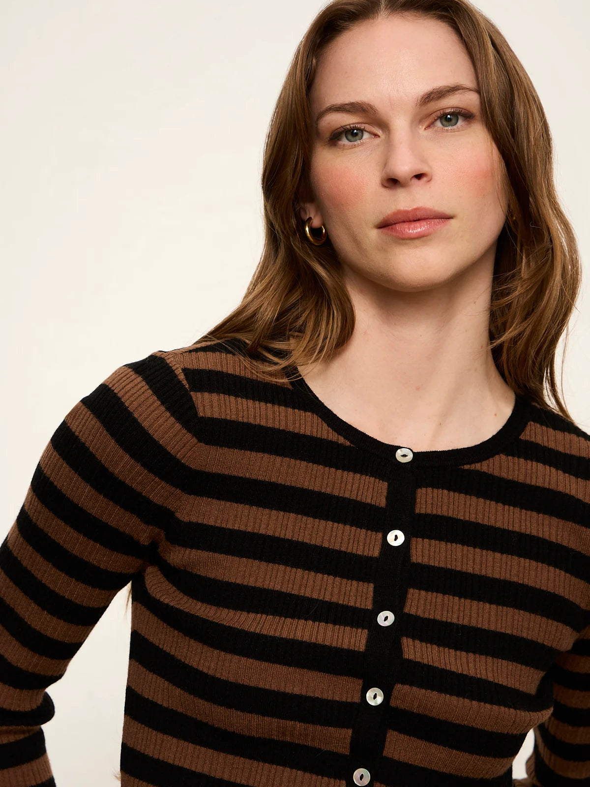 Selena Henley Top - Black/Cocoa Stripe