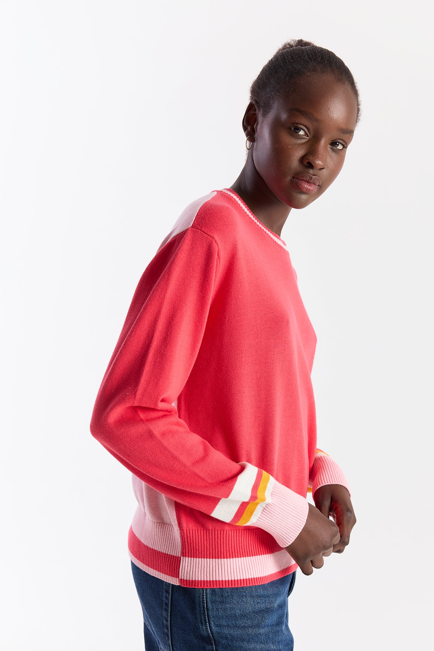 Contrast Stripe Varsity Crew Sweater