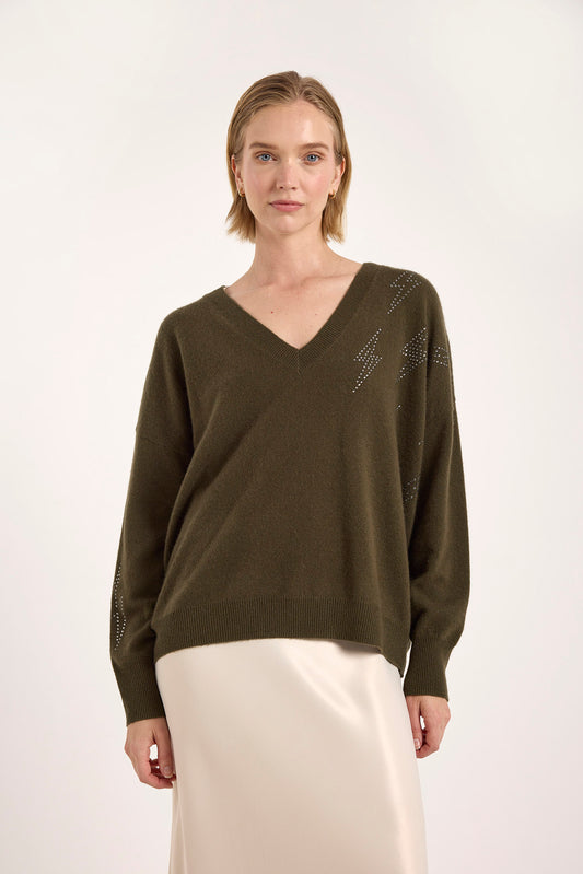 Hazel Hot Fix Bolt V Neck Sweater