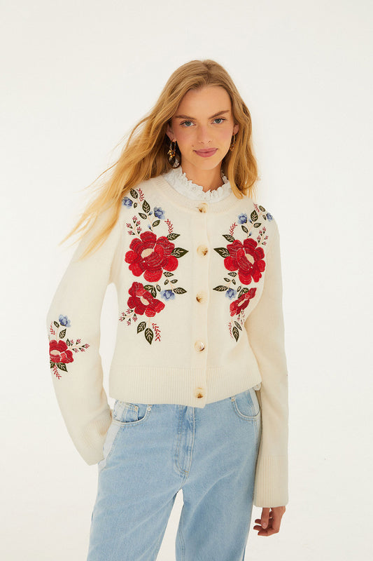 Cream Flowers Embroidered Knit Cardigan