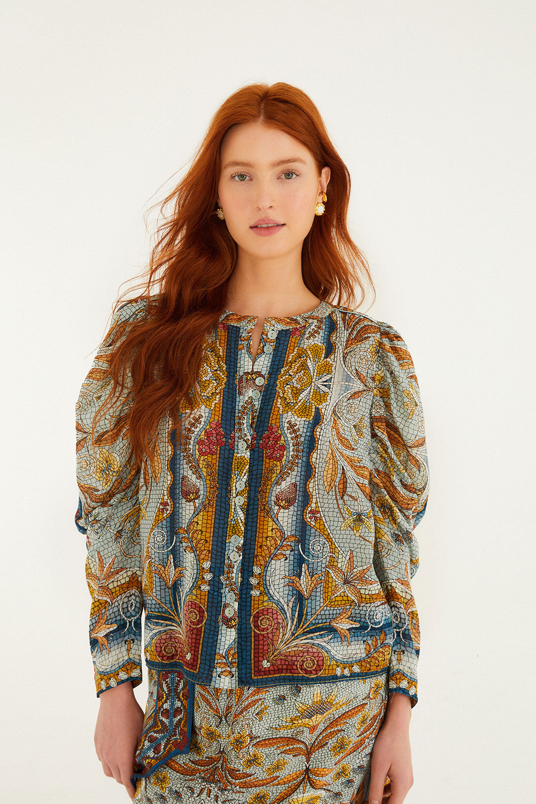 Mosaic Garden Soft Blue Long Sleeve Blouse